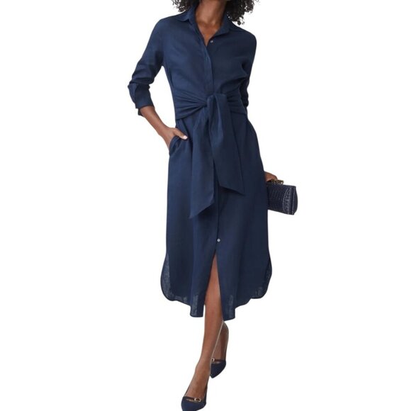 New J. McLaughlin Linen Orla Midi Dress XS Navy Blue Minimalist Resortwear - Picture 1 of 10